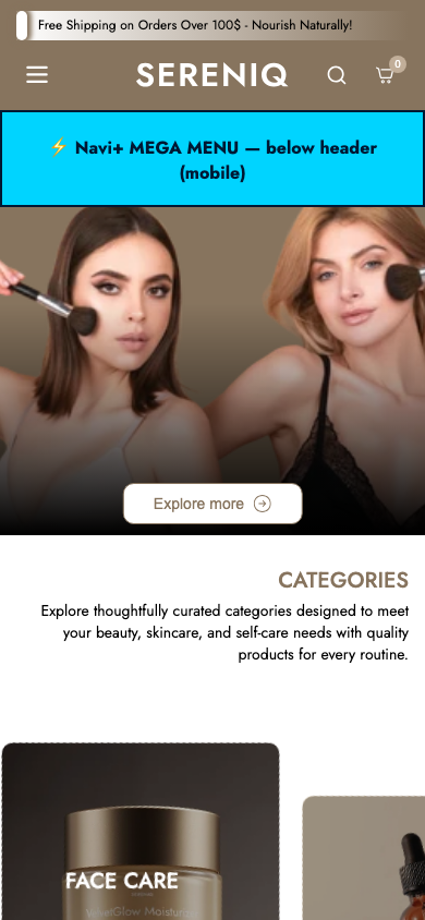 Menu inserted below header — Navi+ on the Noble Shopify theme Menu inserted below header — Navi+ on the Noble Shopify theme