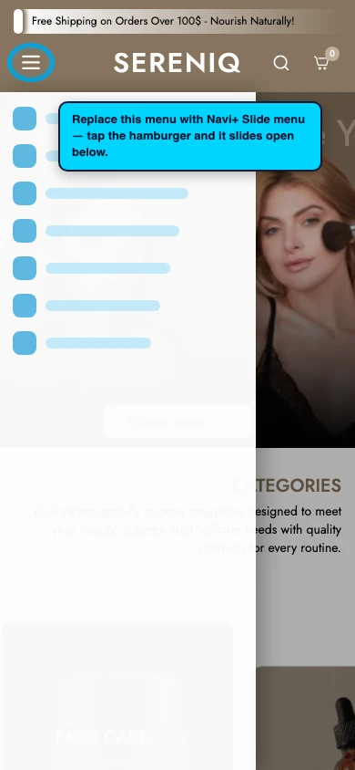Navi+ Slide Menu on the Noble Shopify theme Navi+ Slide Menu on the Noble Shopify theme