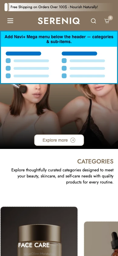 Navi+ mobile Mega Menu on the Noble Shopify theme Navi+ mobile Mega Menu on the Noble Shopify theme