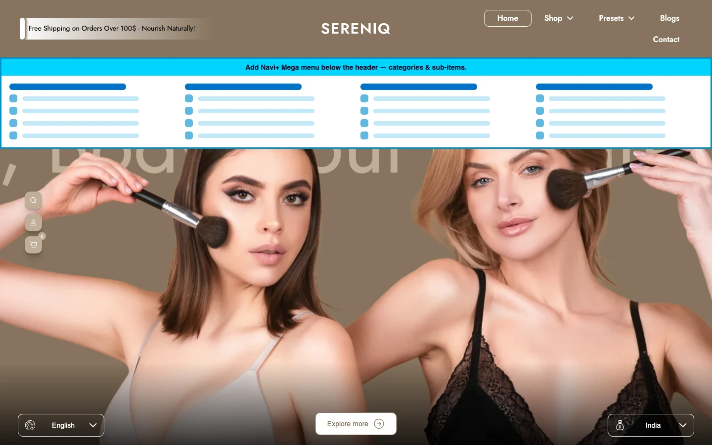 Navi+ Mega Menu inserted below the header on the Noble Shopify theme Navi+ Mega Menu inserted below the header on the Noble Shopify theme