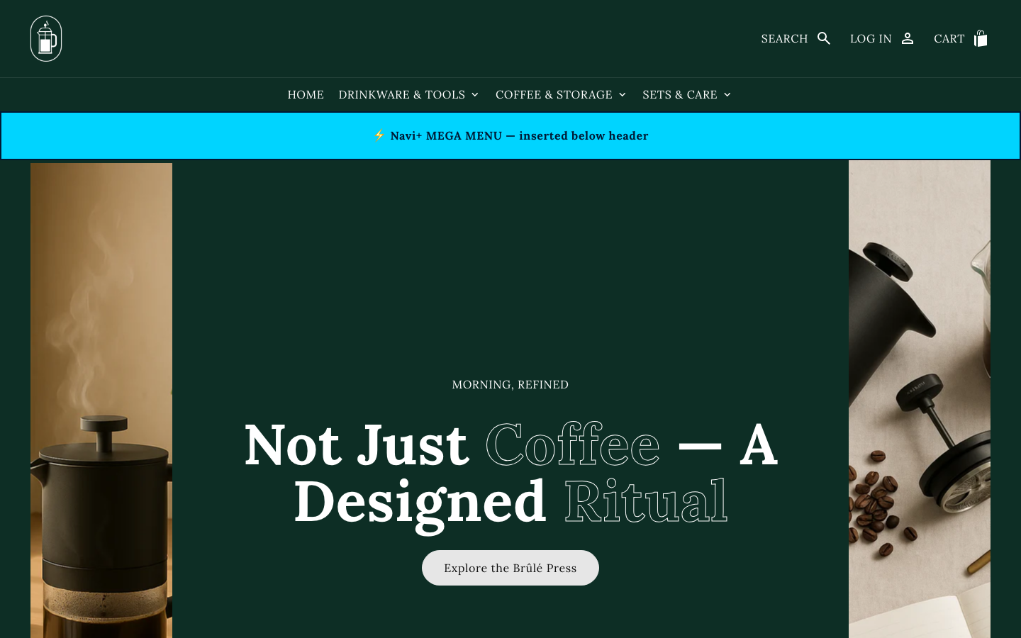 Menu inserted below header — Navi+ on the Noblesse Shopify theme Menu inserted below header — Navi+ on the Noblesse Shopify theme