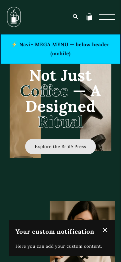 Menu inserted below header — Navi+ on the Noblesse Shopify theme Menu inserted below header — Navi+ on the Noblesse Shopify theme
