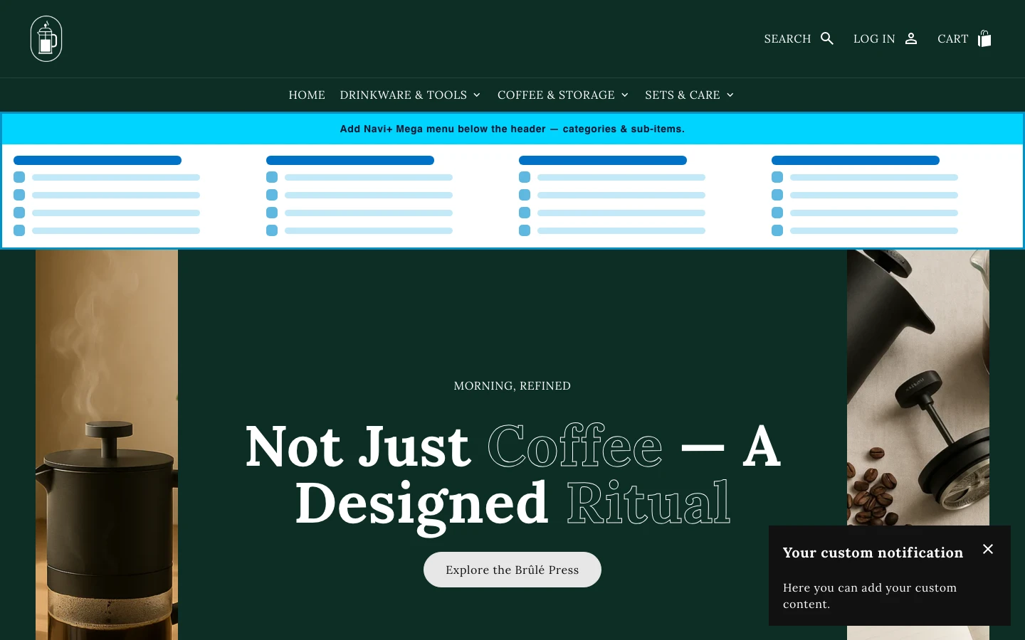 Navi+ Mega Menu inserted below the header on the Noblesse Shopify theme Navi+ Mega Menu inserted below the header on the Noblesse Shopify theme