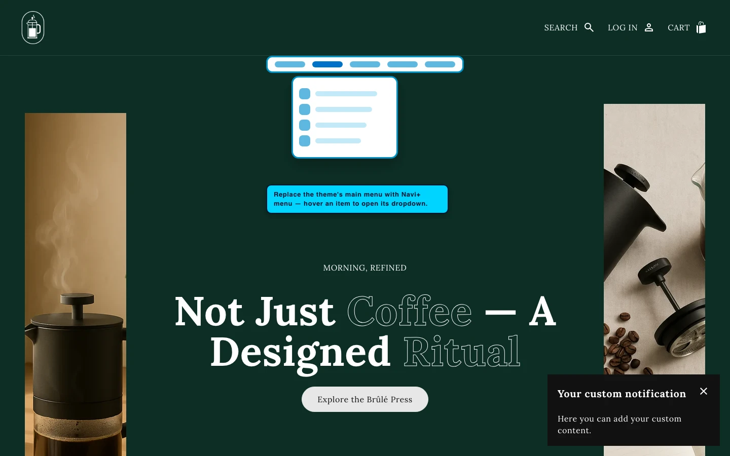 Navi+ Mega Menu replacing the desktop menu on the Noblesse Shopify theme Navi+ Mega Menu replacing the desktop menu on the Noblesse Shopify theme