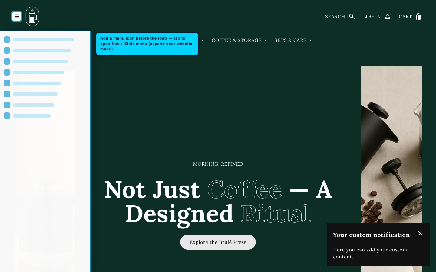 Navi+ trigger icon before the logo on the Noblesse Shopify theme Navi+ trigger icon before the logo on the Noblesse Shopify theme