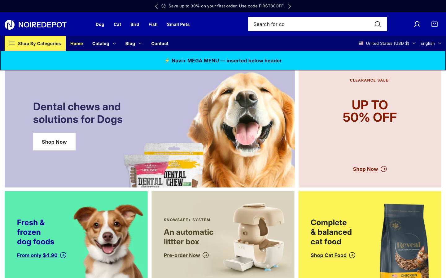 Menu inserted below header — Navi+ on the Noire Shopify theme Menu inserted below header — Navi+ on the Noire Shopify theme