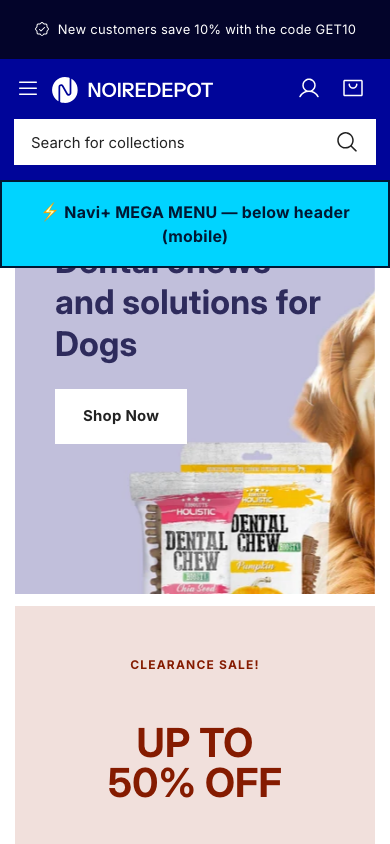 Menu inserted below header — Navi+ on the Noire Shopify theme Menu inserted below header — Navi+ on the Noire Shopify theme