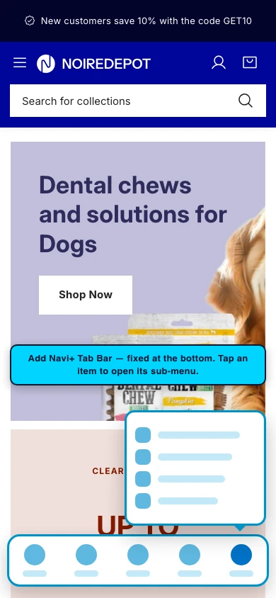Navi+ Tab Bar on the Noire Shopify theme Navi+ Tab Bar on the Noire Shopify theme