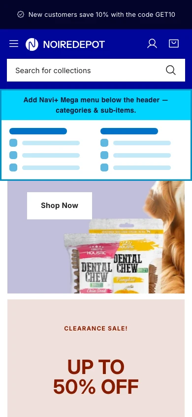 Navi+ mobile Mega Menu on the Noire Shopify theme Navi+ mobile Mega Menu on the Noire Shopify theme