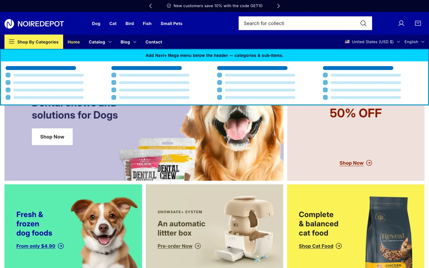 Navi+ Mega Menu inserted below the header on the Noire Shopify theme Navi+ Mega Menu inserted below the header on the Noire Shopify theme