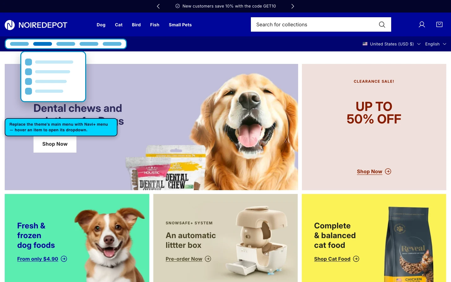 Navi+ Mega Menu replacing the desktop menu on the Noire Shopify theme Navi+ Mega Menu replacing the desktop menu on the Noire Shopify theme