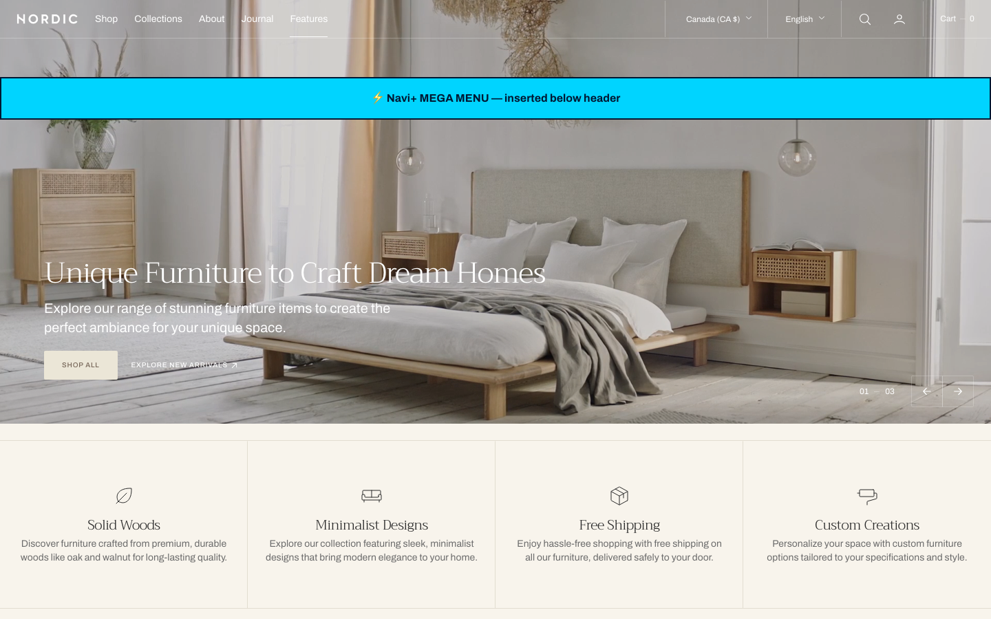 Menu inserted below header — Navi+ on the Nordic Shopify theme Menu inserted below header — Navi+ on the Nordic Shopify theme