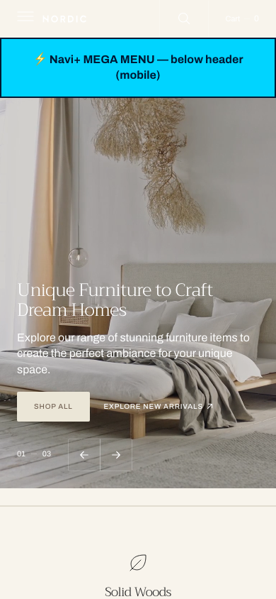 Menu inserted below header — Navi+ on the Nordic Shopify theme Menu inserted below header — Navi+ on the Nordic Shopify theme
