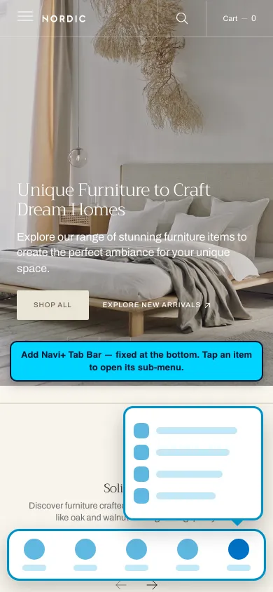 Navi+ Tab Bar on the Nordic Shopify theme Navi+ Tab Bar on the Nordic Shopify theme