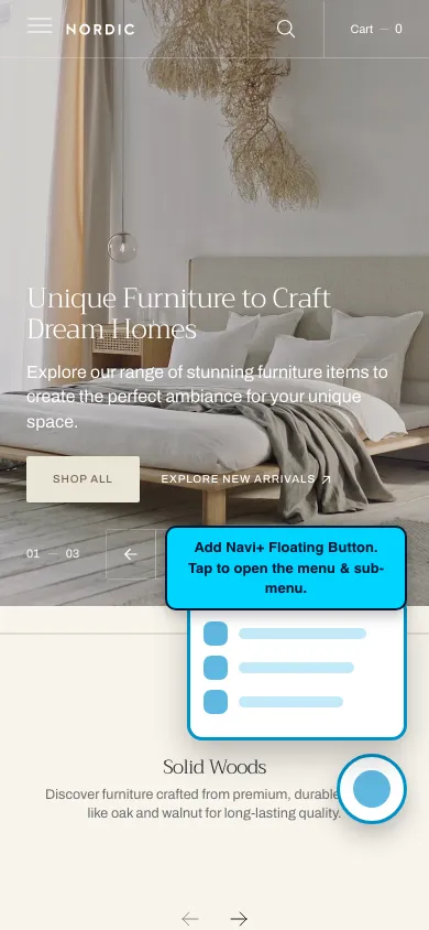 Navi+ FAB on the Nordic Shopify theme Navi+ FAB on the Nordic Shopify theme