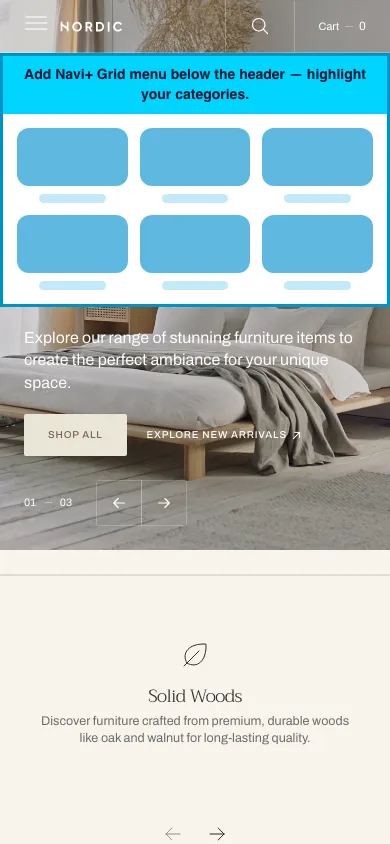 Navi+ Grid Menu on the Nordic Shopify theme Navi+ Grid Menu on the Nordic Shopify theme