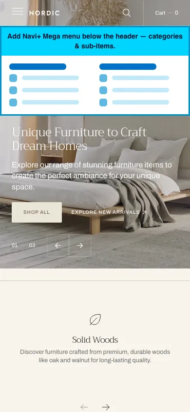 Navi+ mobile Mega Menu on the Nordic Shopify theme Navi+ mobile Mega Menu on the Nordic Shopify theme