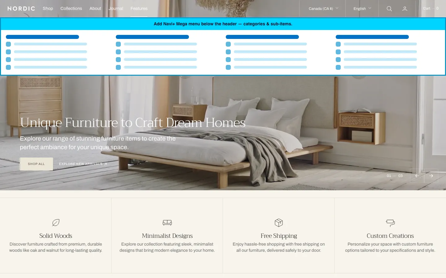 Navi+ Mega Menu inserted below the header on the Nordic Shopify theme Navi+ Mega Menu inserted below the header on the Nordic Shopify theme