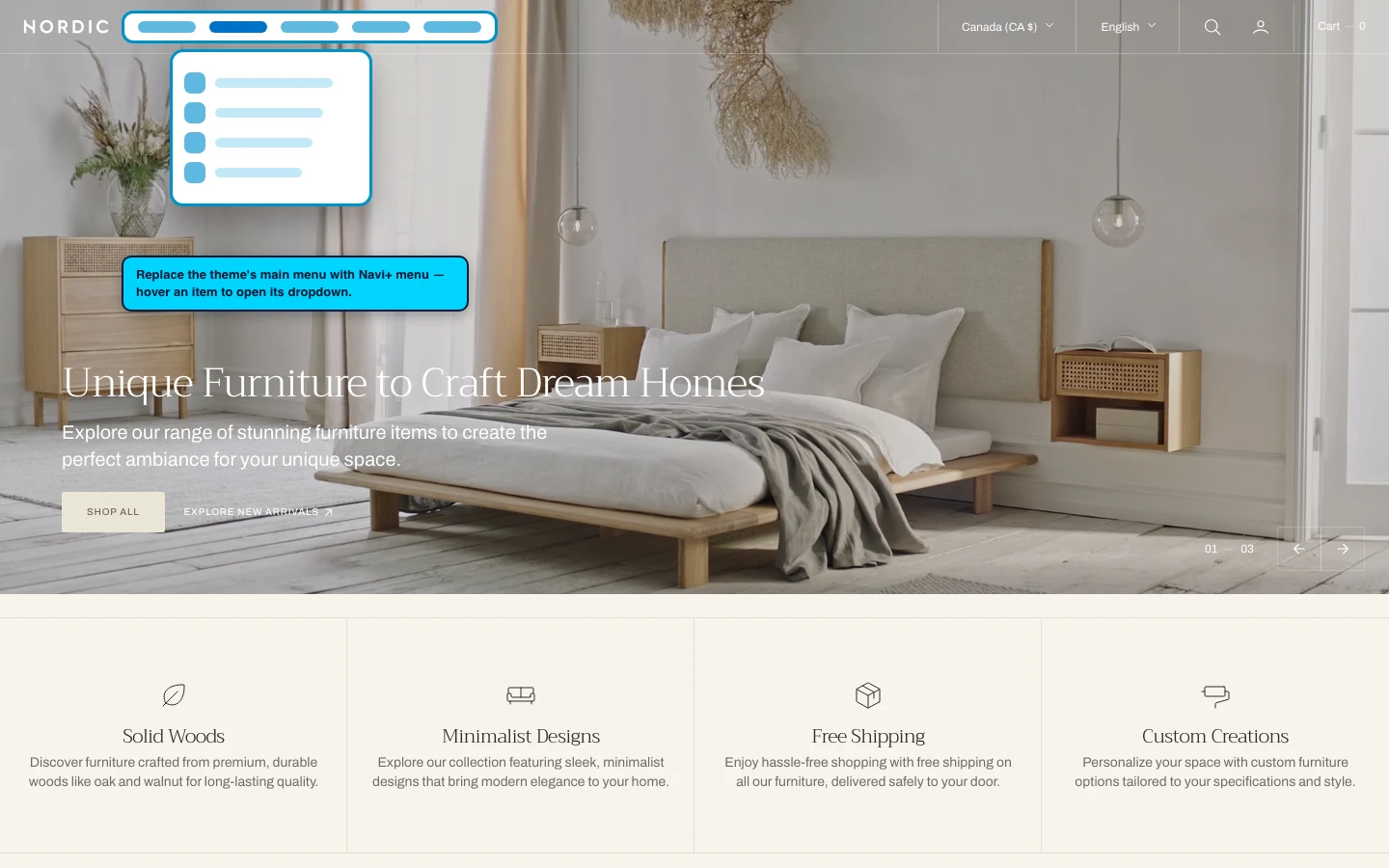 Navi+ Mega Menu replacing the desktop menu on the Nordic Shopify theme Navi+ Mega Menu replacing the desktop menu on the Nordic Shopify theme