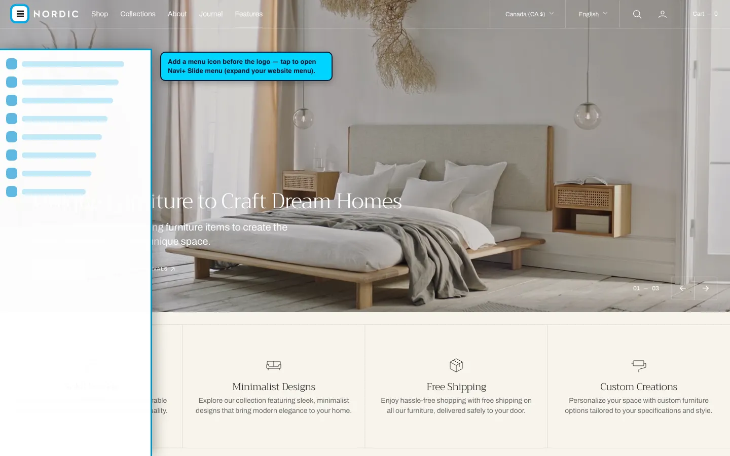 Navi+ trigger icon before the logo on the Nordic Shopify theme Navi+ trigger icon before the logo on the Nordic Shopify theme