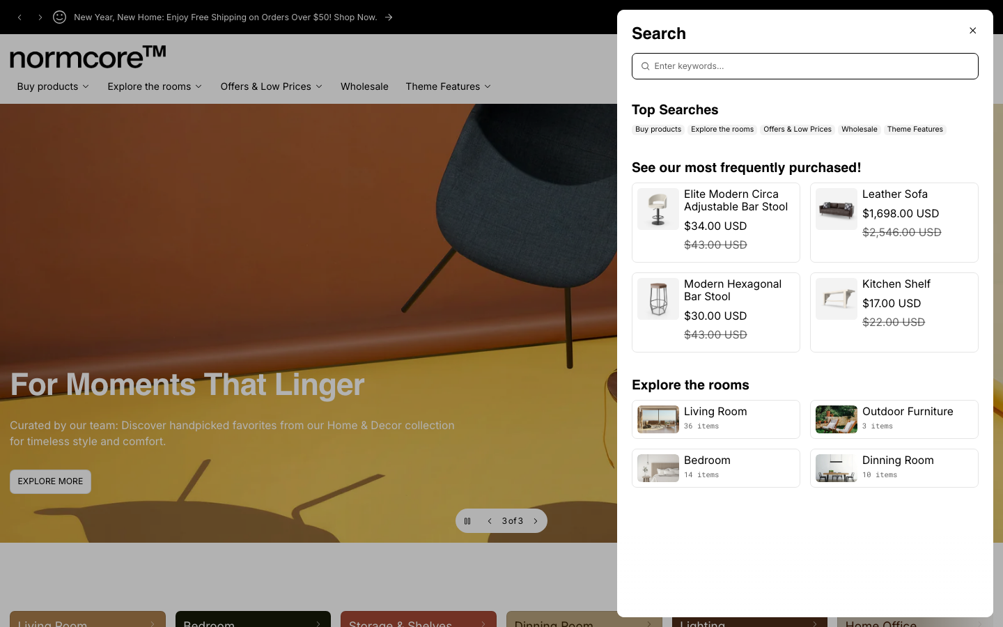 Search → panel opened — Navi+ on the Normcore Shopify theme Search → panel opened — Navi+ on the Normcore Shopify theme