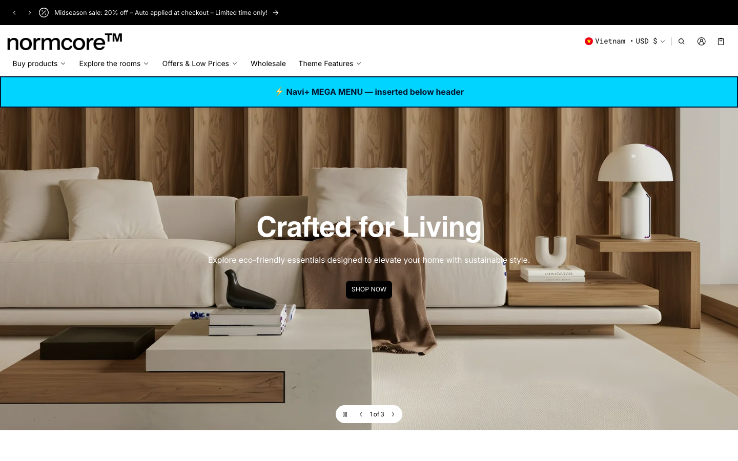 Menu inserted below header — Navi+ on the Normcore Shopify theme Menu inserted below header — Navi+ on the Normcore Shopify theme