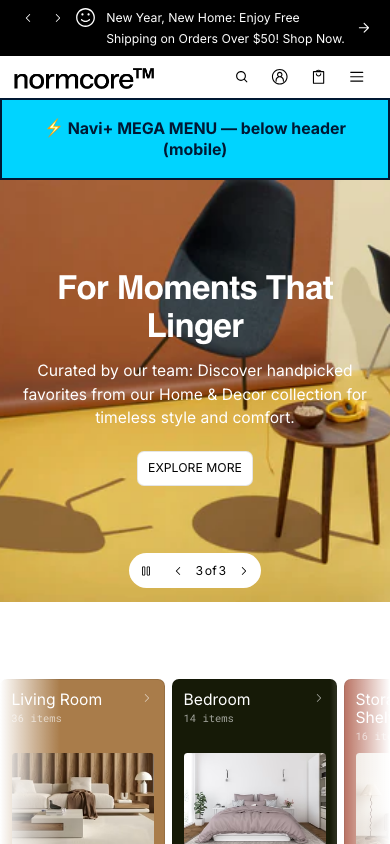 Menu inserted below header — Navi+ on the Normcore Shopify theme Menu inserted below header — Navi+ on the Normcore Shopify theme