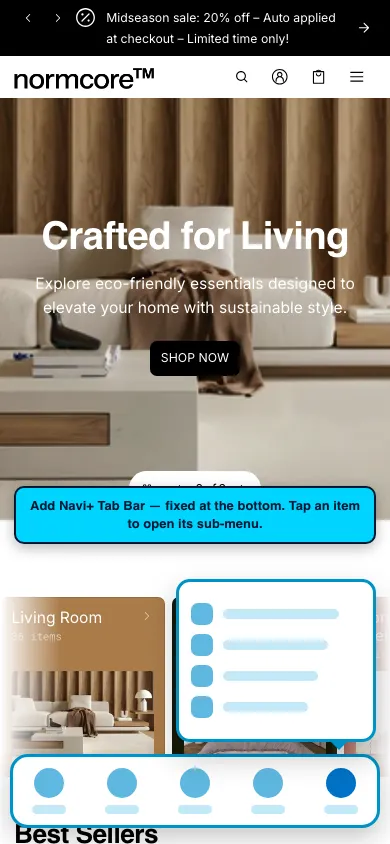 Navi+ Tab Bar on the Normcore Shopify theme Navi+ Tab Bar on the Normcore Shopify theme