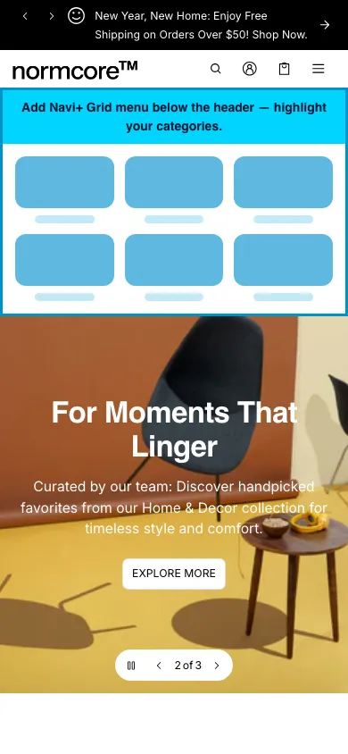 Navi+ Grid Menu on the Normcore Shopify theme Navi+ Grid Menu on the Normcore Shopify theme