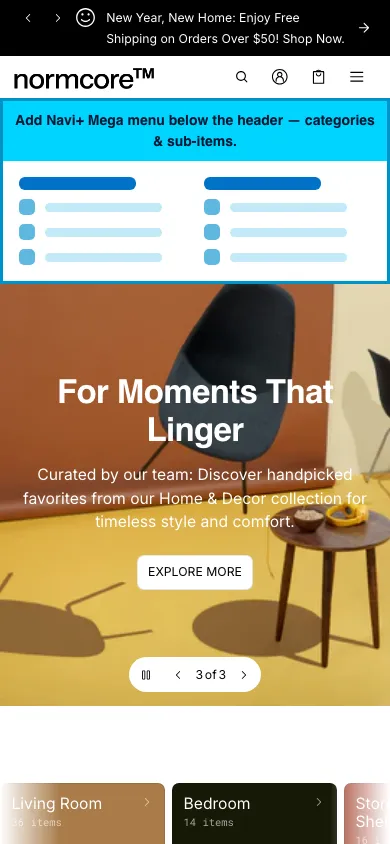 Navi+ mobile Mega Menu on the Normcore Shopify theme Navi+ mobile Mega Menu on the Normcore Shopify theme