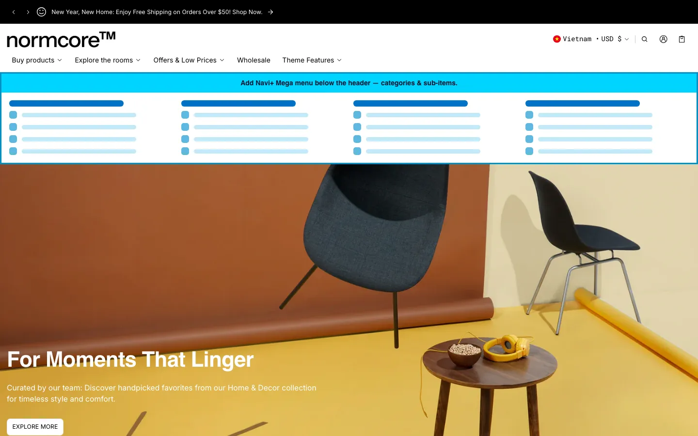 Navi+ Mega Menu inserted below the header on the Normcore Shopify theme Navi+ Mega Menu inserted below the header on the Normcore Shopify theme