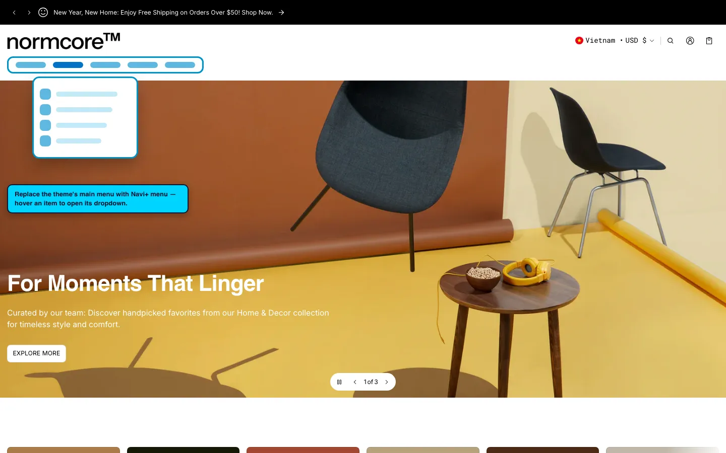 Navi+ Mega Menu replacing the desktop menu on the Normcore Shopify theme Navi+ Mega Menu replacing the desktop menu on the Normcore Shopify theme