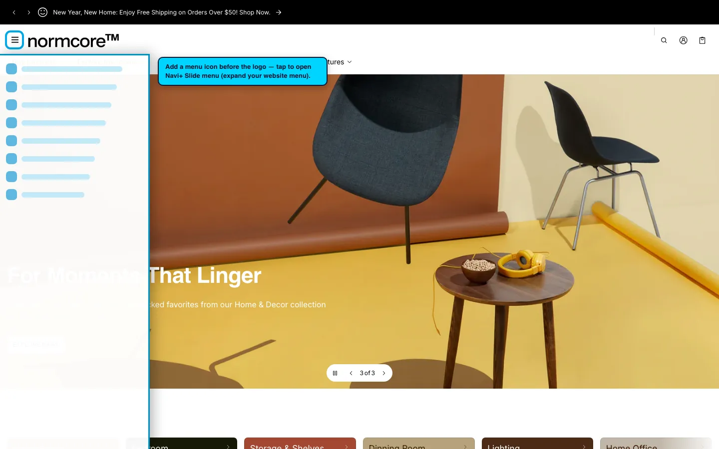 Navi+ trigger icon before the logo on the Normcore Shopify theme Navi+ trigger icon before the logo on the Normcore Shopify theme