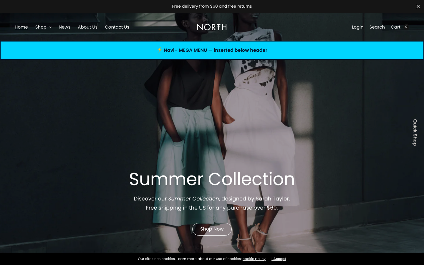 Menu inserted below header — Navi+ on the North Shopify theme Menu inserted below header — Navi+ on the North Shopify theme