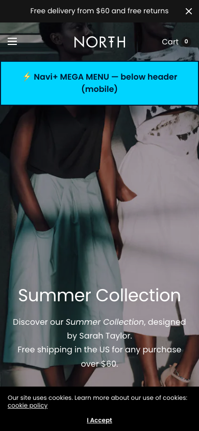 Menu inserted below header — Navi+ on the North Shopify theme Menu inserted below header — Navi+ on the North Shopify theme