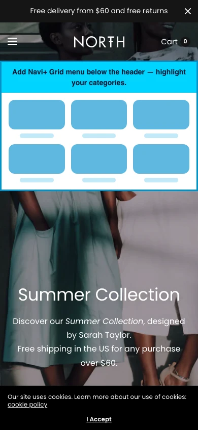 Navi+ Grid Menu on the North Shopify theme Navi+ Grid Menu on the North Shopify theme
