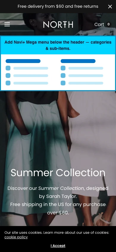 Navi+ mobile Mega Menu on the North Shopify theme Navi+ mobile Mega Menu on the North Shopify theme
