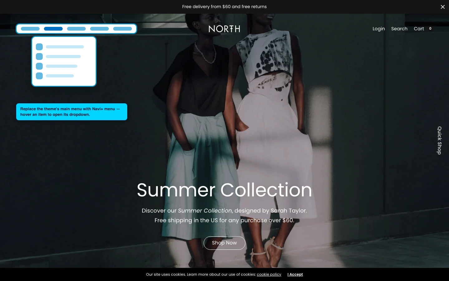 Navi+ Mega Menu replacing the desktop menu on the North Shopify theme Navi+ Mega Menu replacing the desktop menu on the North Shopify theme