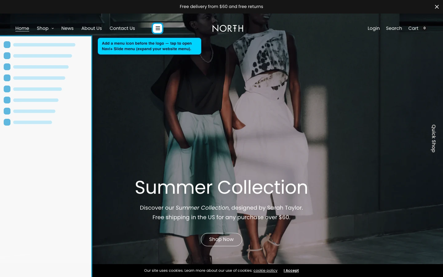 Navi+ trigger icon before the logo on the North Shopify theme Navi+ trigger icon before the logo on the North Shopify theme