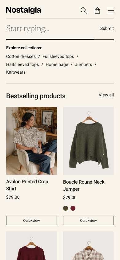 Search → panel opened — Navi+ on the Nostalgia Shopify theme Search → panel opened — Navi+ on the Nostalgia Shopify theme