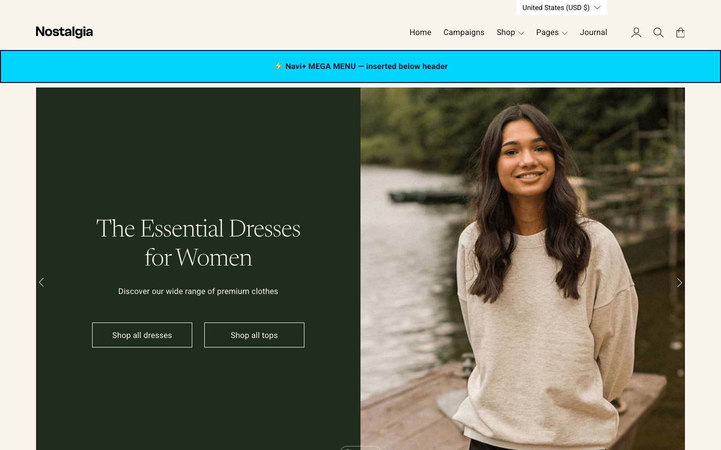 Menu inserted below header — Navi+ on the Nostalgia Shopify theme Menu inserted below header — Navi+ on the Nostalgia Shopify theme
