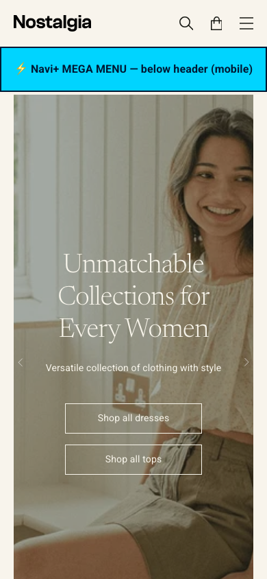 Menu inserted below header — Navi+ on the Nostalgia Shopify theme Menu inserted below header — Navi+ on the Nostalgia Shopify theme