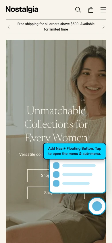 Navi+ FAB on the Nostalgia Shopify theme Navi+ FAB on the Nostalgia Shopify theme