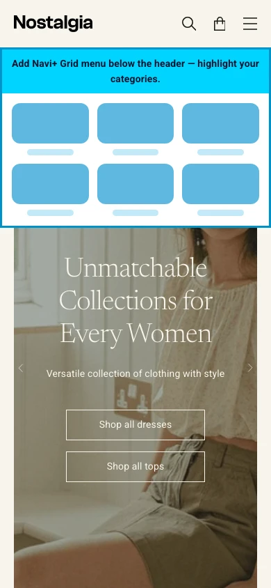 Navi+ Grid Menu on the Nostalgia Shopify theme Navi+ Grid Menu on the Nostalgia Shopify theme