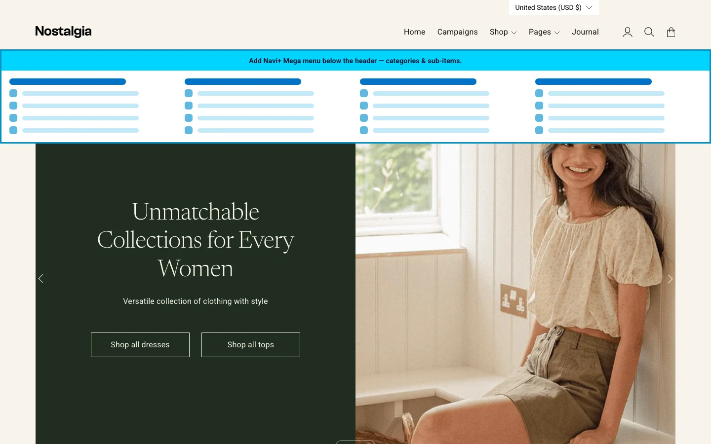 Navi+ Mega Menu inserted below the header on the Nostalgia Shopify theme Navi+ Mega Menu inserted below the header on the Nostalgia Shopify theme