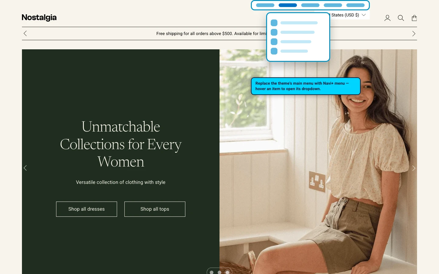 Navi+ Mega Menu replacing the desktop menu on the Nostalgia Shopify theme Navi+ Mega Menu replacing the desktop menu on the Nostalgia Shopify theme