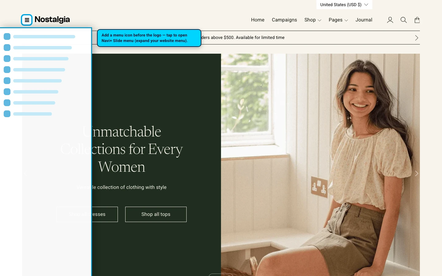 Navi+ trigger icon before the logo on the Nostalgia Shopify theme Navi+ trigger icon before the logo on the Nostalgia Shopify theme