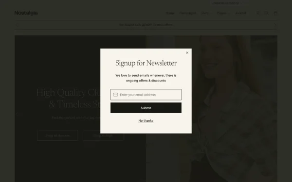 Full-page desktop screenshot of Shopify Nostalgia theme demo store