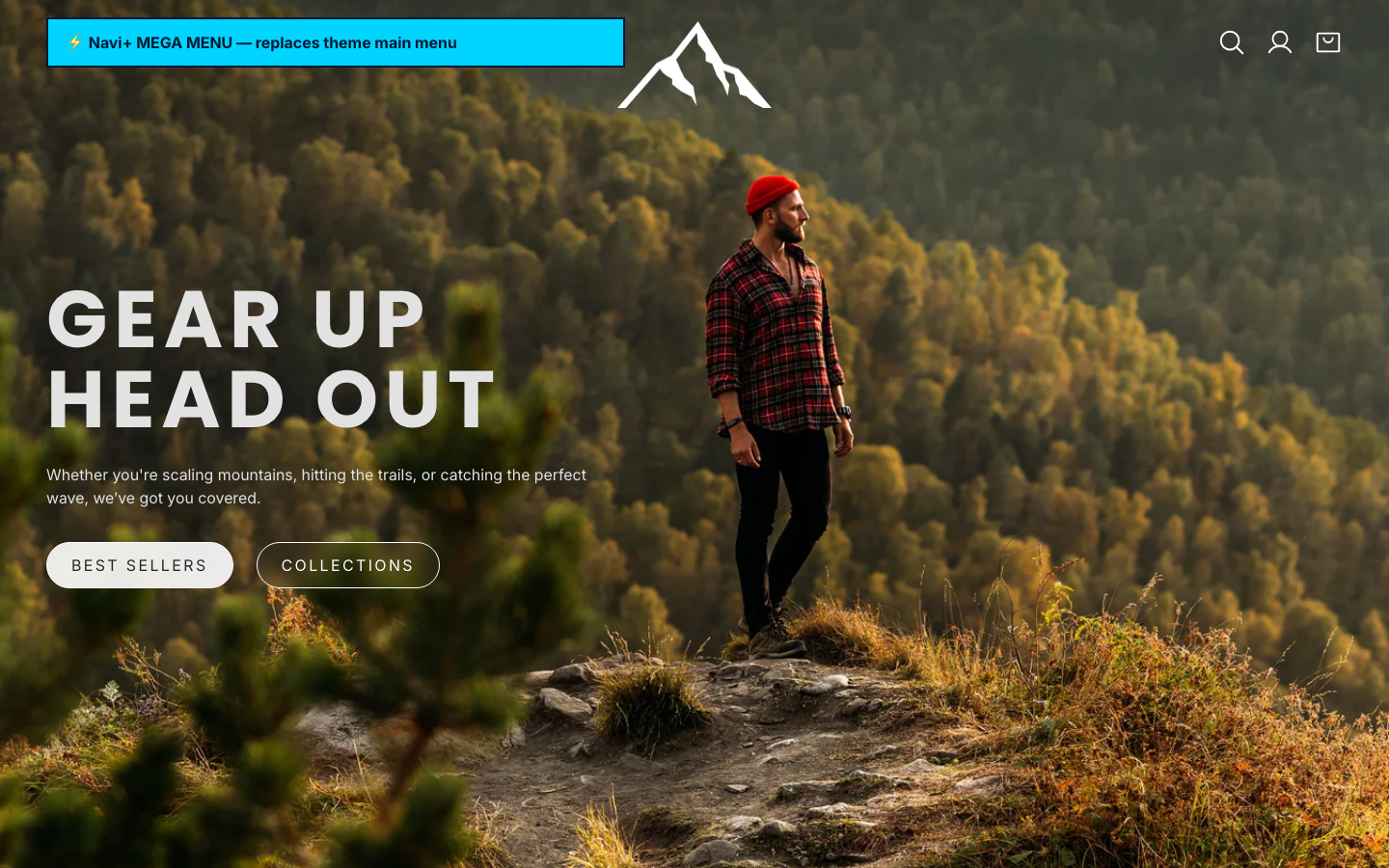 Navi+ Mega Menu replacing the desktop menu on the Nova Shopify theme Navi+ Mega Menu replacing the desktop menu on the Nova Shopify theme