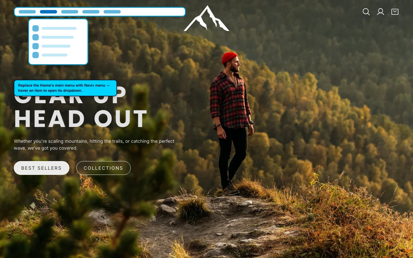 Navi+ Mega Menu replacing the desktop menu on the Nova Shopify theme Navi+ Mega Menu replacing the desktop menu on the Nova Shopify theme